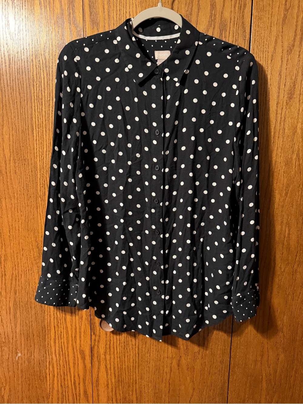 Chico's 1 Black White Polka Dot Long Sleeve Button Up Shirt Rayon US 8/10